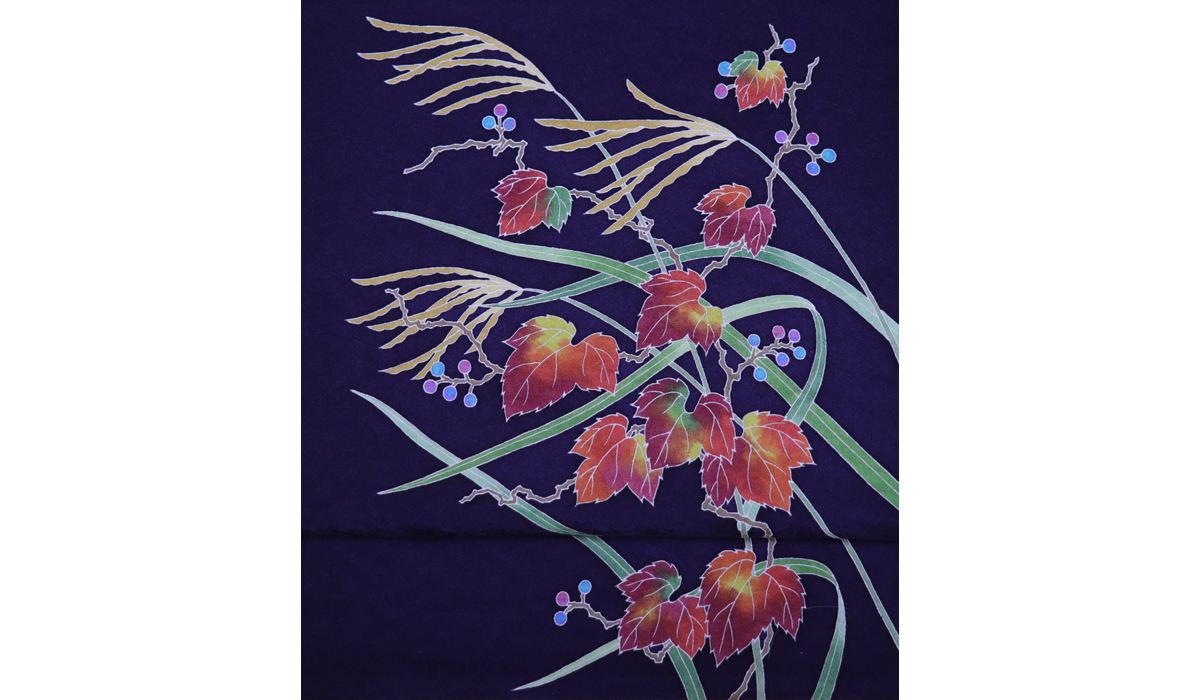 手描き友禅 染名古屋帯「野葡萄笹図」 お太鼓