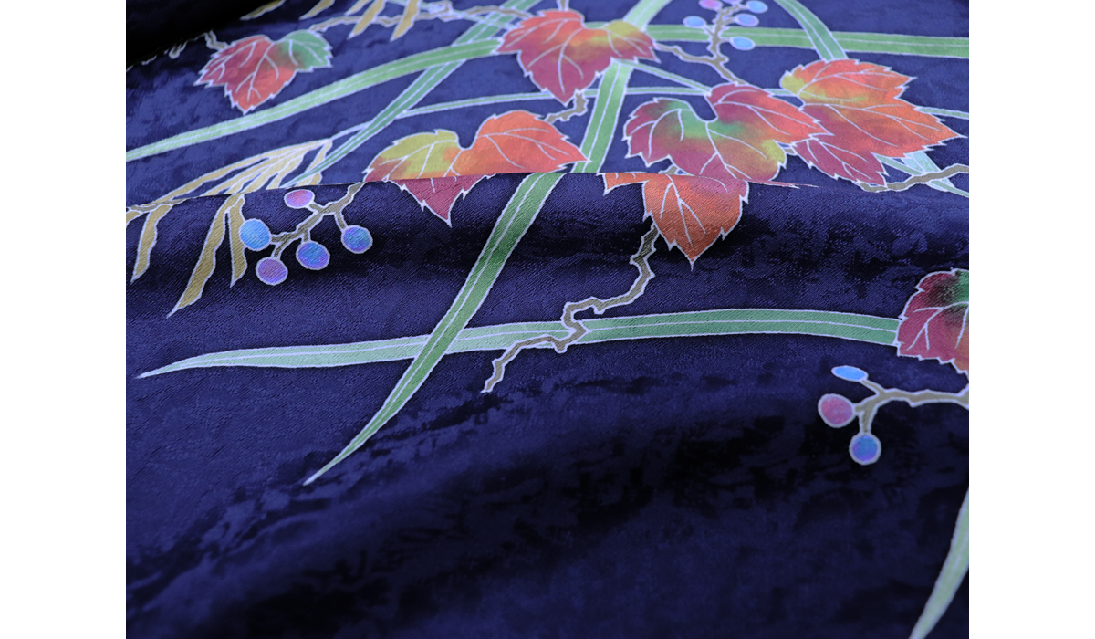 手描き友禅 染名古屋帯「野葡萄笹図」 拡大