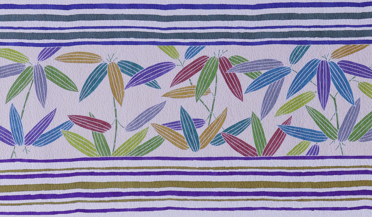 手描き友禅 染名古屋帯「笹によろけ縞模様」 前柄