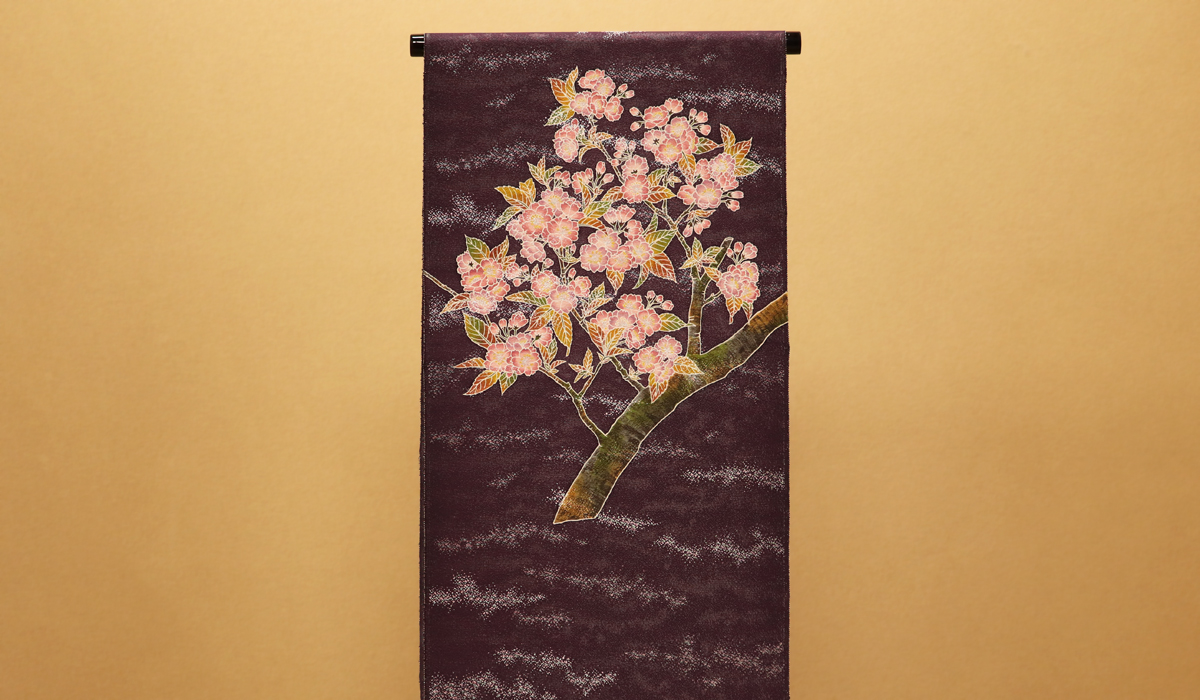 桜の枝花が美しい名古屋帯◇手描き友禅◇染帯-